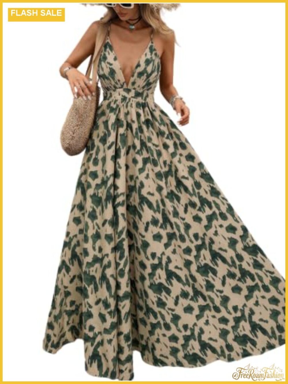 Floral Maxi Dress Sleeveless Deep V-Neck Criss Cross Open Back Bohemian Flowy